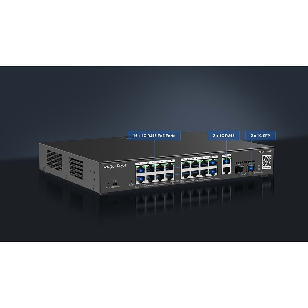 RUIJIE REYEE RG-ES220GS-P 16 PORT 10/100/1000 16 PORT POE 2 PORT UPLINK 2 SFP 250W CLOUD YÖNETİLEBİLİR RACK MOUNT SWITC