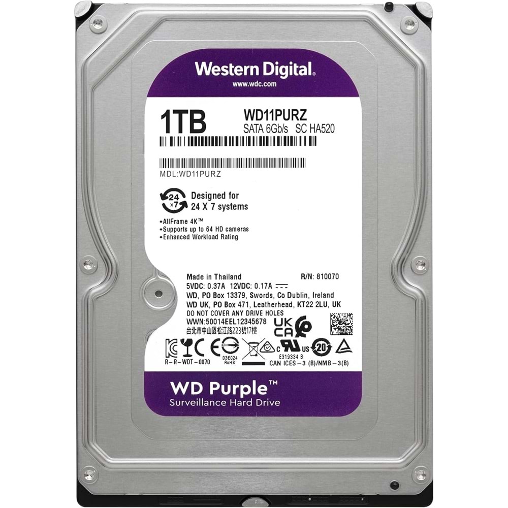 WD PURPLE 1TB 5400RPM 64MB SATA3 WD11PURZ 7/24 HDD