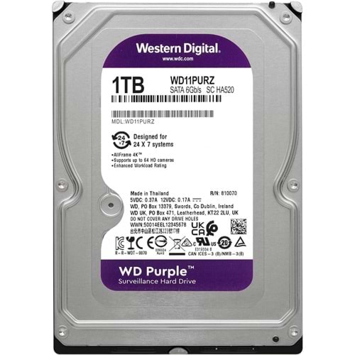 WD PURPLE 1TB 5400RPM 64MB SATA3 WD11PURZ 7/24 HDD